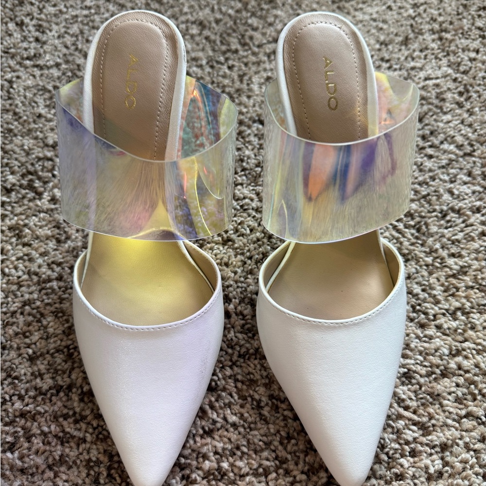 Aldo White Mules with Iridescent Strap